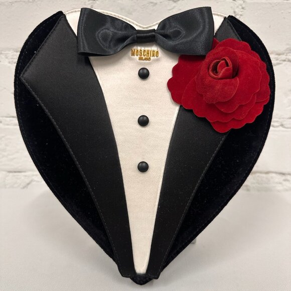 AW22 MOSCHINO Couture Jeremy Scott Black Tuxedo Groom Bow Tie Heart Shaped Bag - Picture 2 of 5